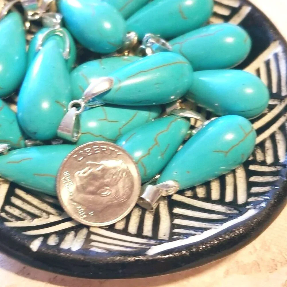 Turquoise Magnesite Teardrop Gemstone Pendant 37x12mm 18K WG Plated Bail 1 pc